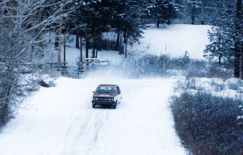 test driving the racecar on a snow covered backroad